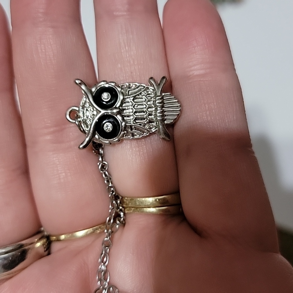 Owl necklace, silvertone black clear rhinestone eyes sitting onbranch Onpur50